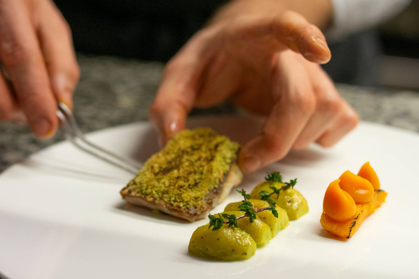 Dorade royale rôtie, pommes de terre vapeur, potiron grillé. (Photo: Kevin Eiffener/Mikado)