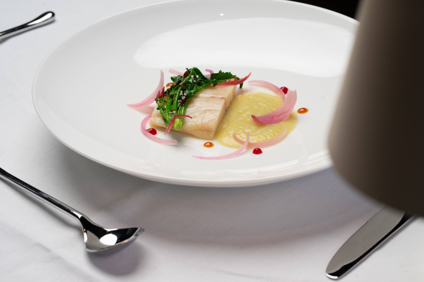Omble de rivière «mi-cuit» avec une crème de broccolo fioalaro et de la confiture d’oignon rouge. (Photo: Kevin Eiffener/Mikado)