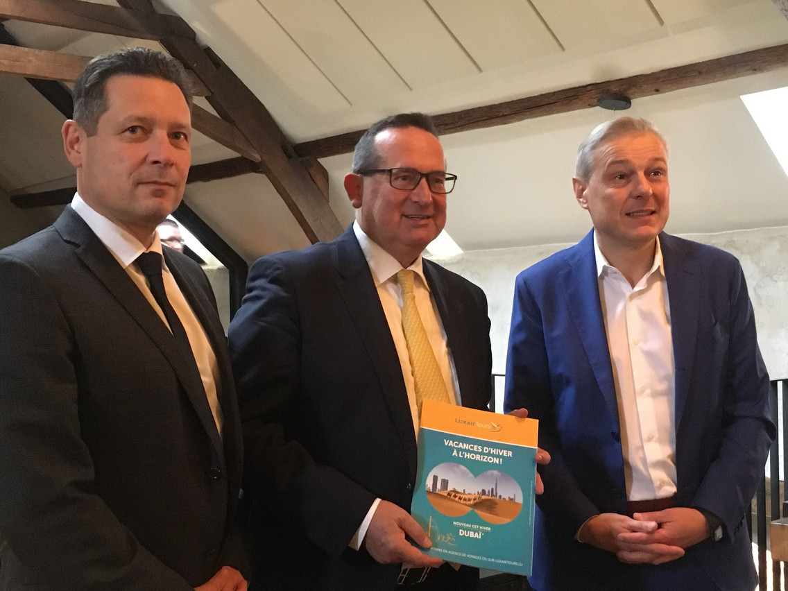 Pour la deuxième fois, LuxairGroup a livré un large tour d’horizon de ses activités, avec son directeur de LuxairCargo et Luxair Services Jean-Paul Gigleux, le directeur de LuxairTours Alberto Kunkel, et le directeur de Luxair Airlines Laurent Jossart. (Photo: Paperjam)