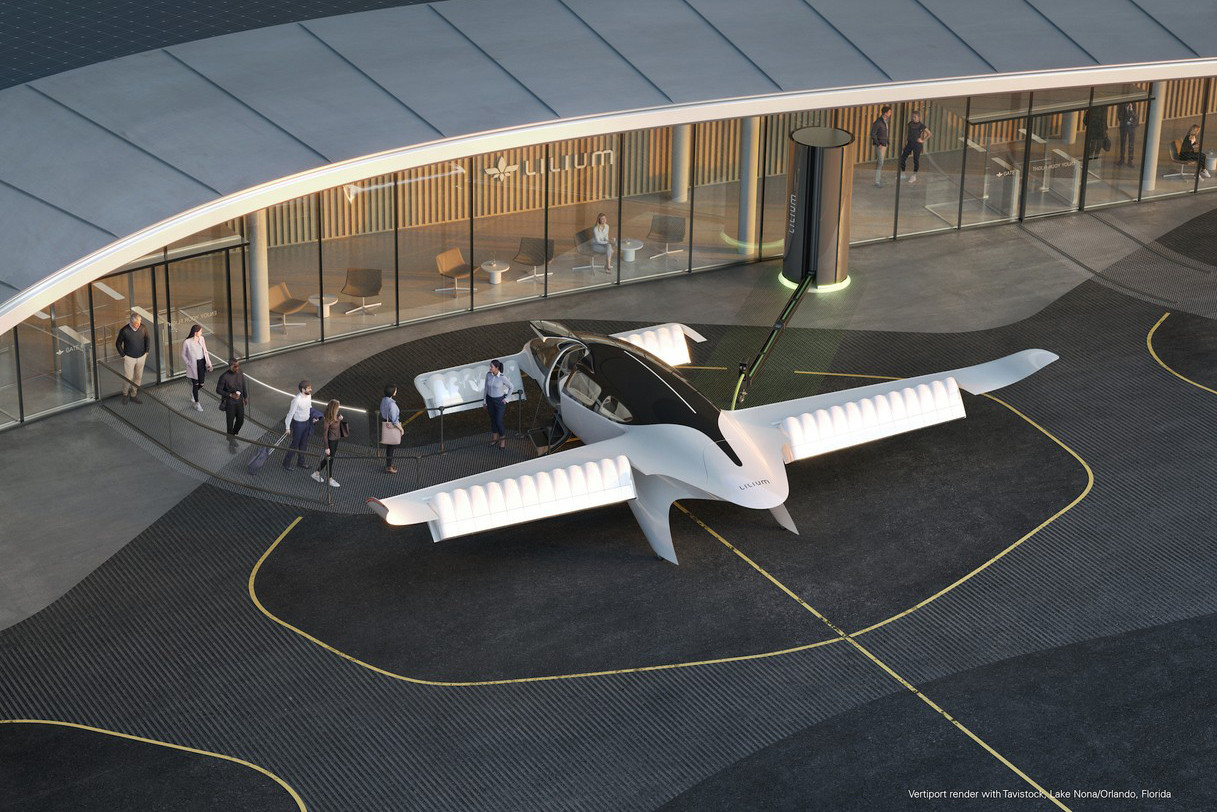 As early as 2024, the first seven passengers could board Lilium's vertical take-off electric jet. Probably from a German airport, the Munich-based start-up has already indicated. (Visual: Lilium)