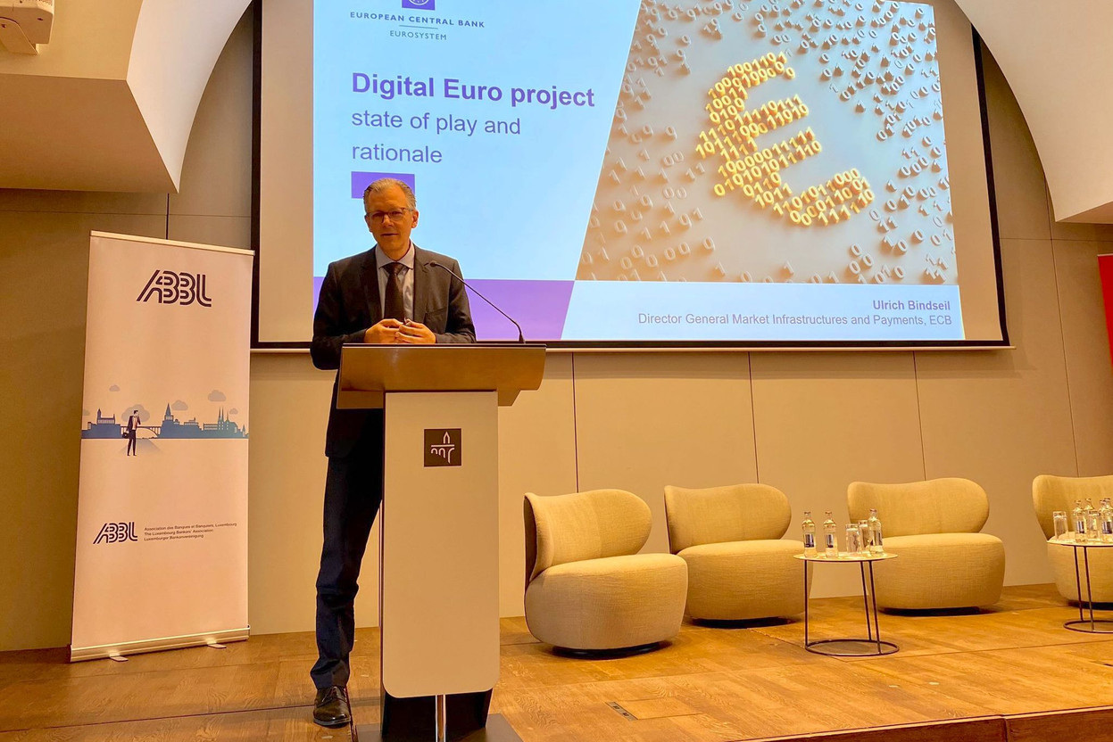 The European Central Bank is expected to unveil its digital euro project in the autumn. The ECB’s Ulrich Bindseil addressed financial industry concerns during a conference organised by the Luxembourg Bankers’ Association at Spuerkeess’s 19 Liberté site, 5 July 2023. Photo credit: ABBL/Linkedin