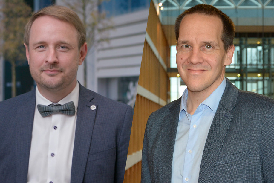 Gilbert Fridgen (left), professor at SnT, says there is a shortage of AI activity in Luxembourg’s financial sector. Andreas Braun (right) is director of artificial intelligence and data science at PwC. Photos: ScienceRelations on behalf of FNR video/PwC Luxembourg. Montage: Maison Moderne