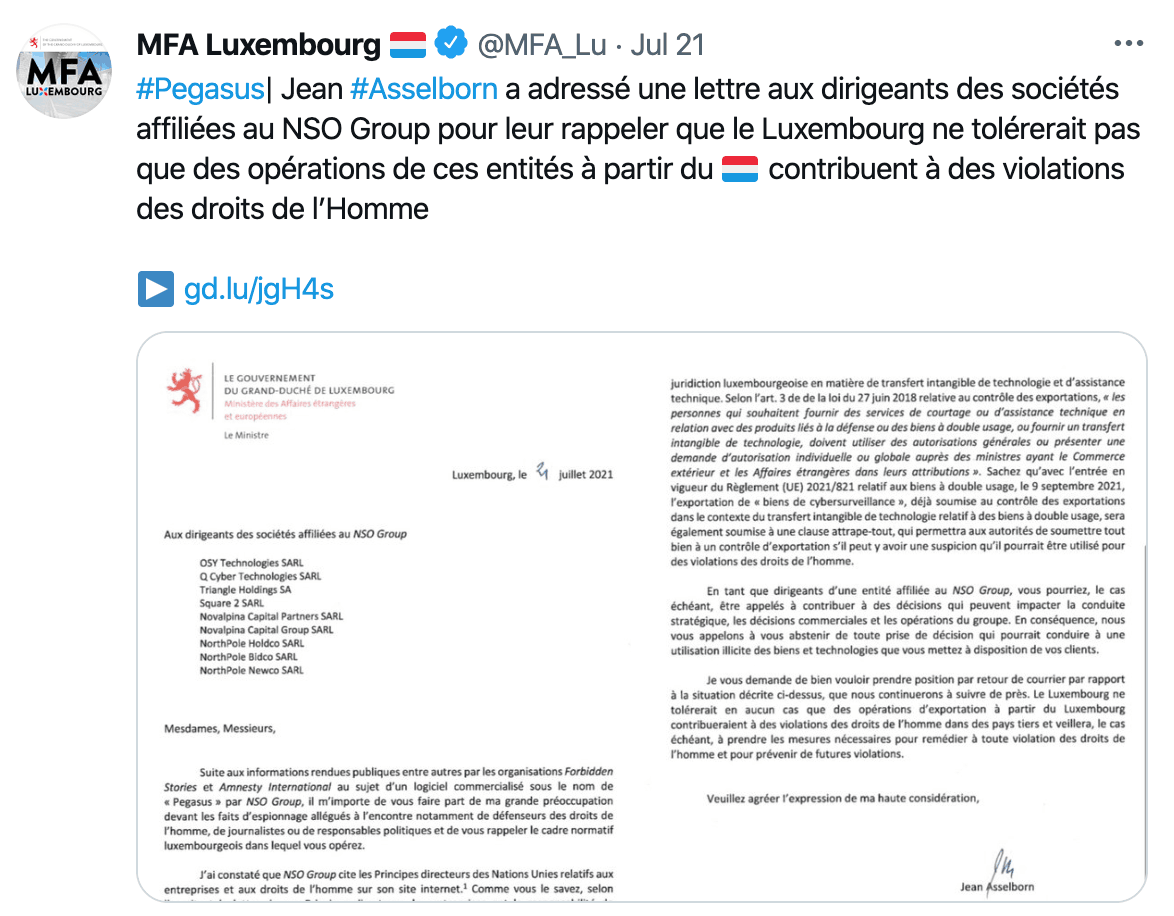 The foreign ministry sent a  letter  to the NSO entities in Luxembourg this week Photo: @MFA_lu via Twitter