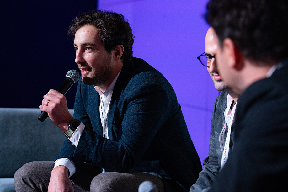 Quentin Dupraz speaking as David Dana, general partner at Expansion Ventures and Adrian Pawelec, partner and head of legal at Polish-linked investment firm Marguerite look on. (Photo: LPEA/Sam Naderi)