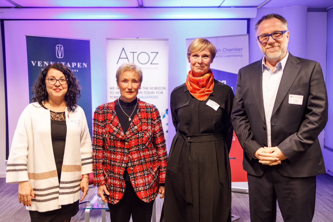 From left: Mariana Florea, president of the women’s networking group The Network; Erna Hennicot-Schoepges, a former Luxembourg MP and MEP and previous president of the CSV party; Claudia Neumeister, member of the British Chamber of Commerce for Luxembourg’s People and Leadership group; and Daniel Eischen, chair of the BCC. They are seen at a BCC event marking International Women’s Day, 8 March 2023. Photo: BCC/Ali Sahib