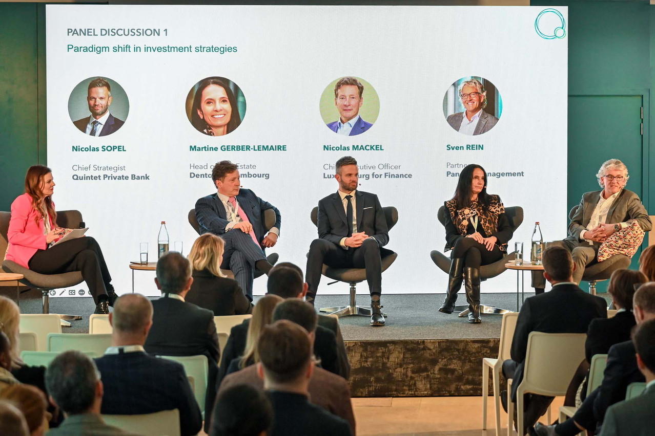 From left: Nathalie Reuter of Walk the Talk (moderator), Nicolas Mackel of Luxembourg for Finance, Nicolas Sopel of Quintet Private Bank, Martine Gerber-Lemaire of Dentons and Sven Rein of Pandoo Management, speaking at Quintet Private Bank’s “Real estate: Towards a new direction” conference, 1 February 2024. Photo: Quintet Private Bank