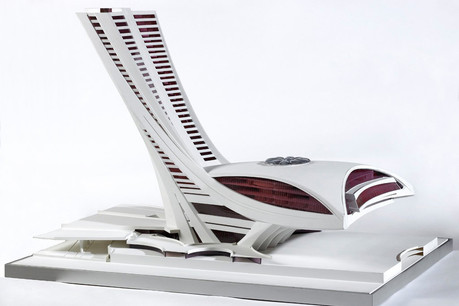 Projet (non réalisé) pour un Parlement européen au Kirchberg, architecte Roger Taillibert, 1977, Administration des bâtiments publics, dépôt au Lëtzebuerg City Museum. (Photo: Lëtzebuerg City Museum)
