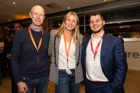 Philippe Mathis (Cabinet d'avocats Bai-Mathis), Déborah Bremer and Valentin Morello (PaperjamClub) at the Paperjam Club’s 10x6 event on Luxembourg’s financial centre in 2035, held at the Kinépolis Kirchberg, 19 November 2024. Photo: Eva Krins/Maison Moderne