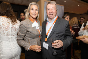 Simône Van Schouwenburg (Spuerkeess) and Robert Dennewald (Contern Lëtzebuerger Beton) at the Paperjam Club’s 10x6 event on Luxembourg’s financial centre in 2035, held at the Kinépolis Kirchberg, 19 November 2024. Photo: Eva Krins/Maison Moderne