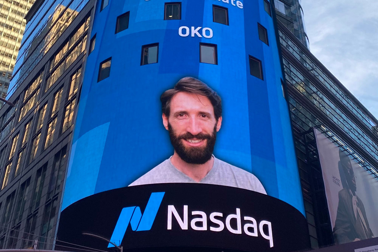 Simon Schwall, co-founder and CEO of Oko, seen on the giant Nasdaq LED display in Times Square, 7 February 2024. Photo: Oko
