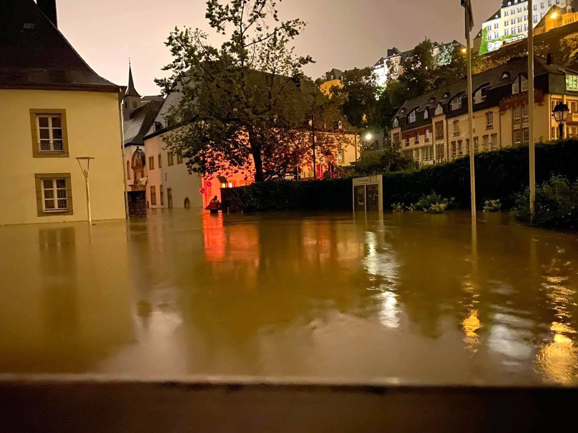 The entrance to Neimënster was completely underwater when the Alzette burst its banks, 15 July 2021. Neimënster Facebook page