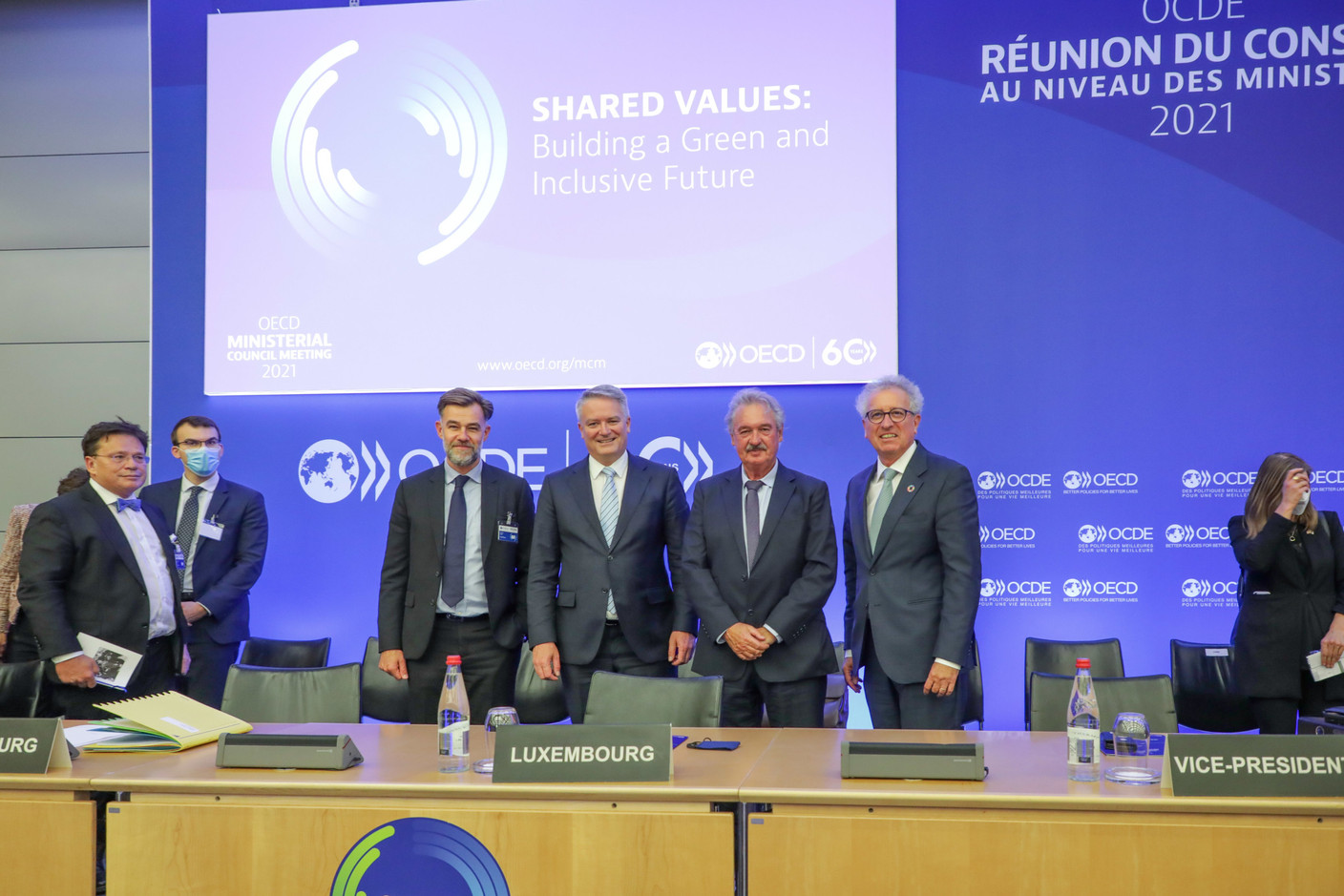 (l-r) n.c.; Franz Fayot, Minister for the Economy; Mathias Cormann, Secretary General of the Organisation for Economic Co-operation and Development (OECD); Jean Asselborn, Minister for Foreign and European Affairs; Pierre Gramegna, Minister for Finance SIP/LUC DEFLORENNE