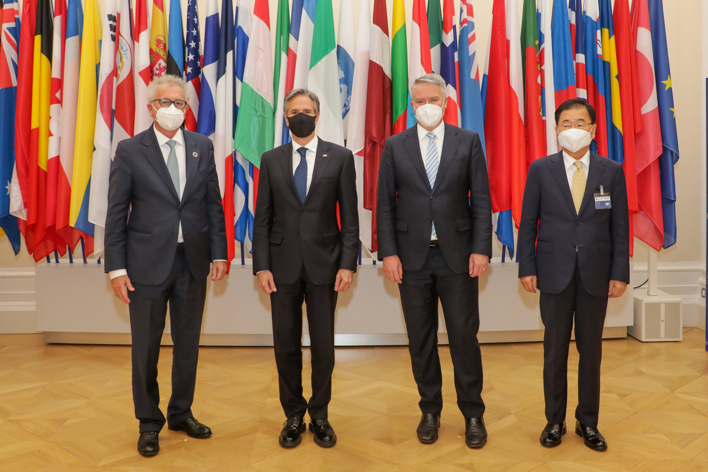 (L-R) Pierre Gramegna, Minister of Finance; Antony Blinken, Secretary of State of the United States of America and Chair of the Ministerial Council Meeting; Mathias Cormann, Secretary General of the Organisation for Economic Co-operation and Development (OECD); Chung Eui-yong, Deputy Prime Minister of the Republic of Korea SIP/LUC DEFLORENNE