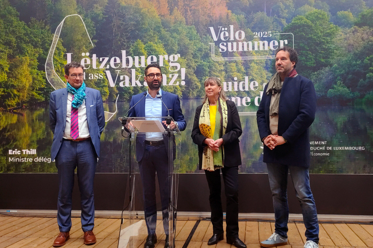 Minister Éric Thill (speaking) and Luxembourg City’s mayor Lydie Polfer (second from right) came to launch Luxembourg’s “holiday season.” Photo: Emilio Naud/Maison Moderne