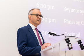 Christophe Vandendorpe (EY), speaking at the annual general meeting of the Luxembourg Valuation Professionals Association. The development of the LVPA has been a “successful transformational journey,” he said, highlighting the growth of the association and the dedicated work of volunteers. “It’s clear that valuation is on the top of minds of asset managers, investors, supervisory authorities and many other stakeholders. So nobody is questioning anymore, is there a need for valuation? There is clearly a need for valuation. Here in Luxembourg, we are very well-positioned to create a very good and sound system of valuation professionals.”  Photo: Romain Gamba/Maison Moderne