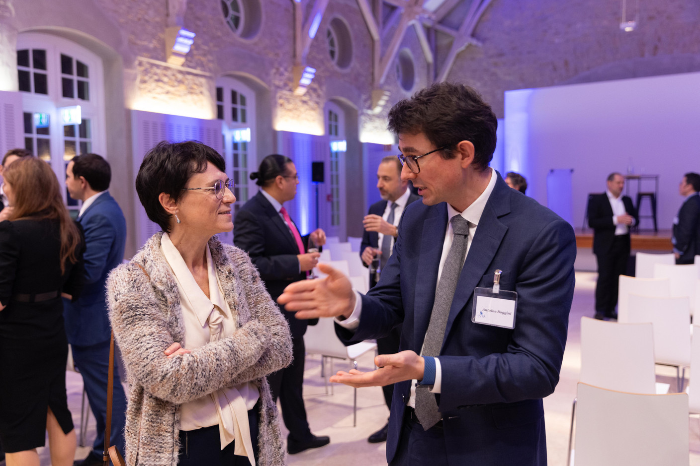 Sophie Dupin (Elvinger Hoss Prussen) and Antoine Boggini (BHB & Partners) at the annual general meeting of the Luxembourg Valuation Professionals Association (LVPA), which took place at the Centre Culturel Schéiss on 15 November 2023. Photo: Romain Gamba/Maison Moderne