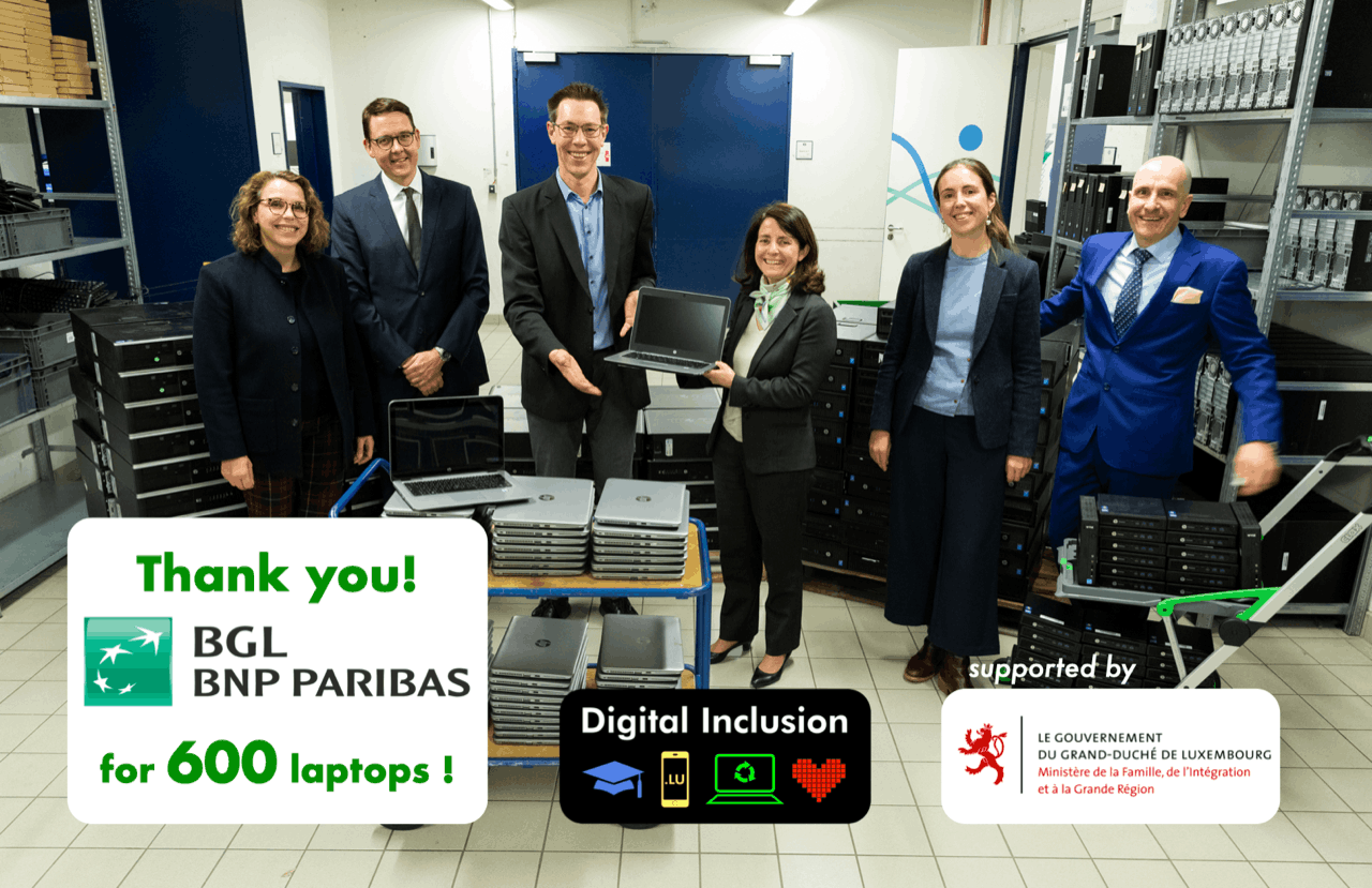 Digital Inclusion communicates each donation with a campaign on social networks to highlight the donor's ecological awareness and commitment to Luxembourg. The number of laptops donated is also indicated. Digital Inclusion would like to thank BGL BNP Paribas for its donation of 600 laptops. Crédit photo : Digital Inclusion