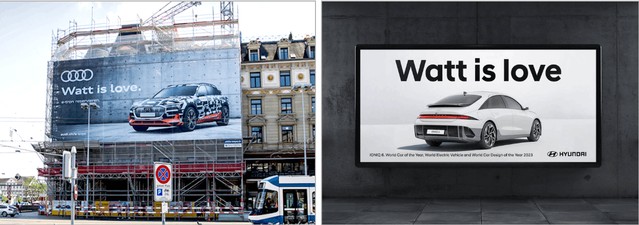 Two car manufacturers, Audi and Hyundai, used the same "Watt is love" pun to promote their electric vehicles, five years apart. Photo: Joe La Pompe