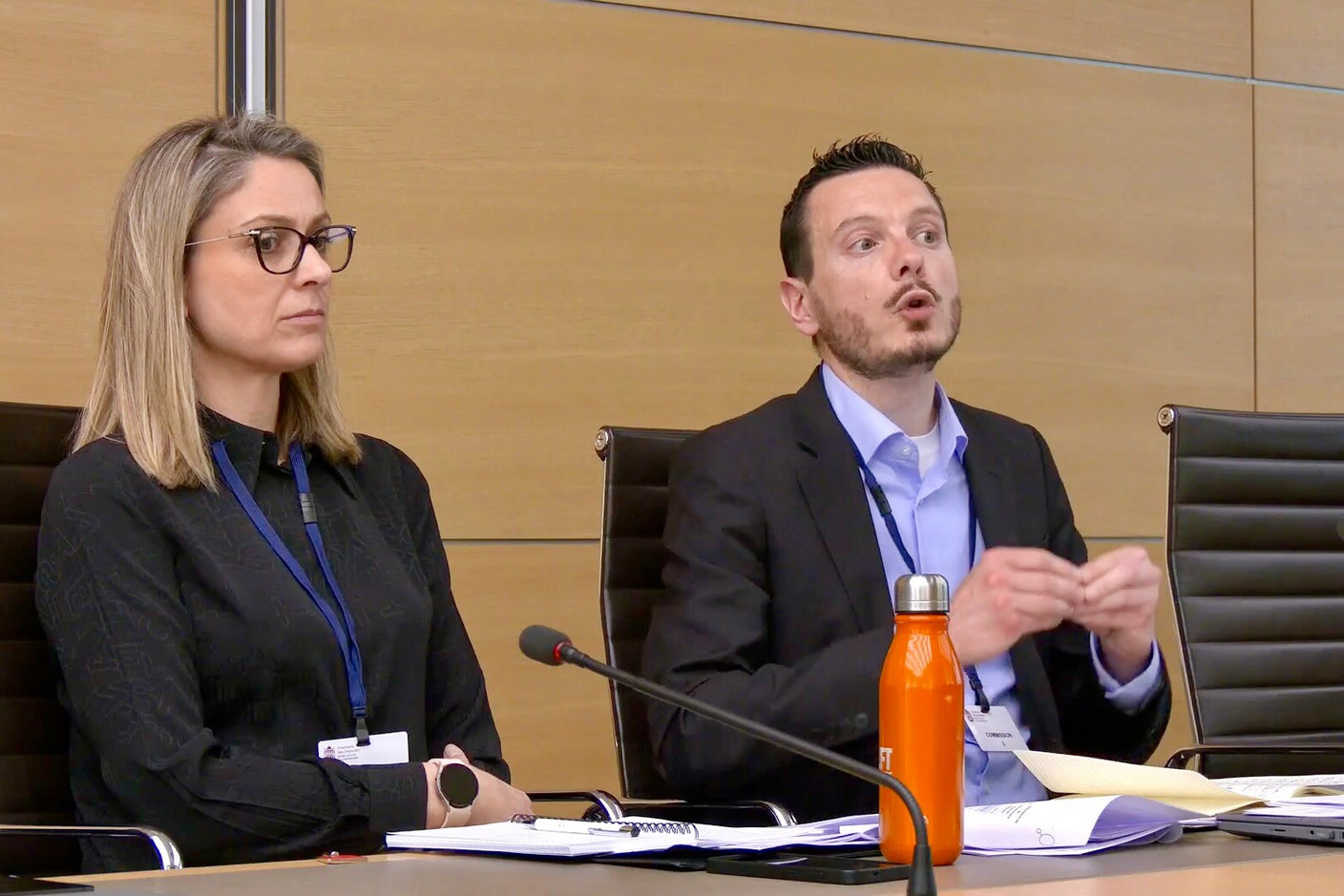 Julien Licheron, a researcher with the Housing Observatory, alongside colleague Magdalena Gorczynska-Angiulli, told the committee that advertised rents reflect only a small share of the market, with most tenants paying significantly lower rents under existing contracts. Photo: Paperjam