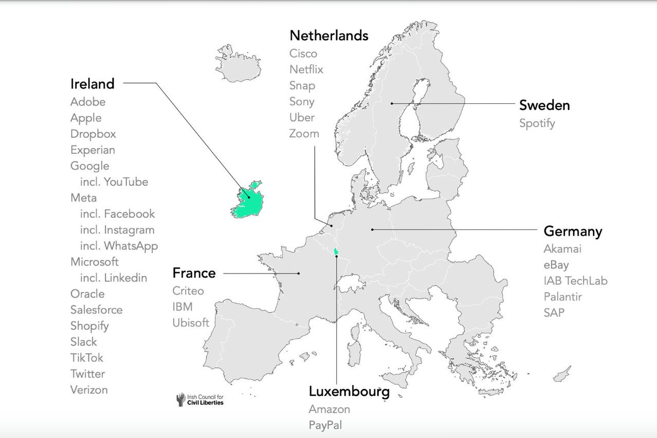 Où sont installés les géants de la technologie? Une carte réalisée à partir du régulateur des données dont elles sont dépendantes en Europe. (Source: Irish Council for civil liberties)