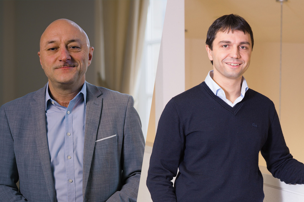 Rudi Belli (left) is head of sustainability at the state savings bank Spuerkeess; Patrick Matgen (right) is lead research & technology associate at the Luxembourg Institute of Science and Technology (List). Photos: Provided by Spuerkeess (left); Luxembourg Institute of Science and Technology (right). Montage: Maison Moderne