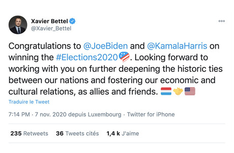 Xavier Bettel n’a pas tardé à saluer la victoire de Joe Biden. (Photo: Capture d’écran/Twitter/@Xavier_Bettel)