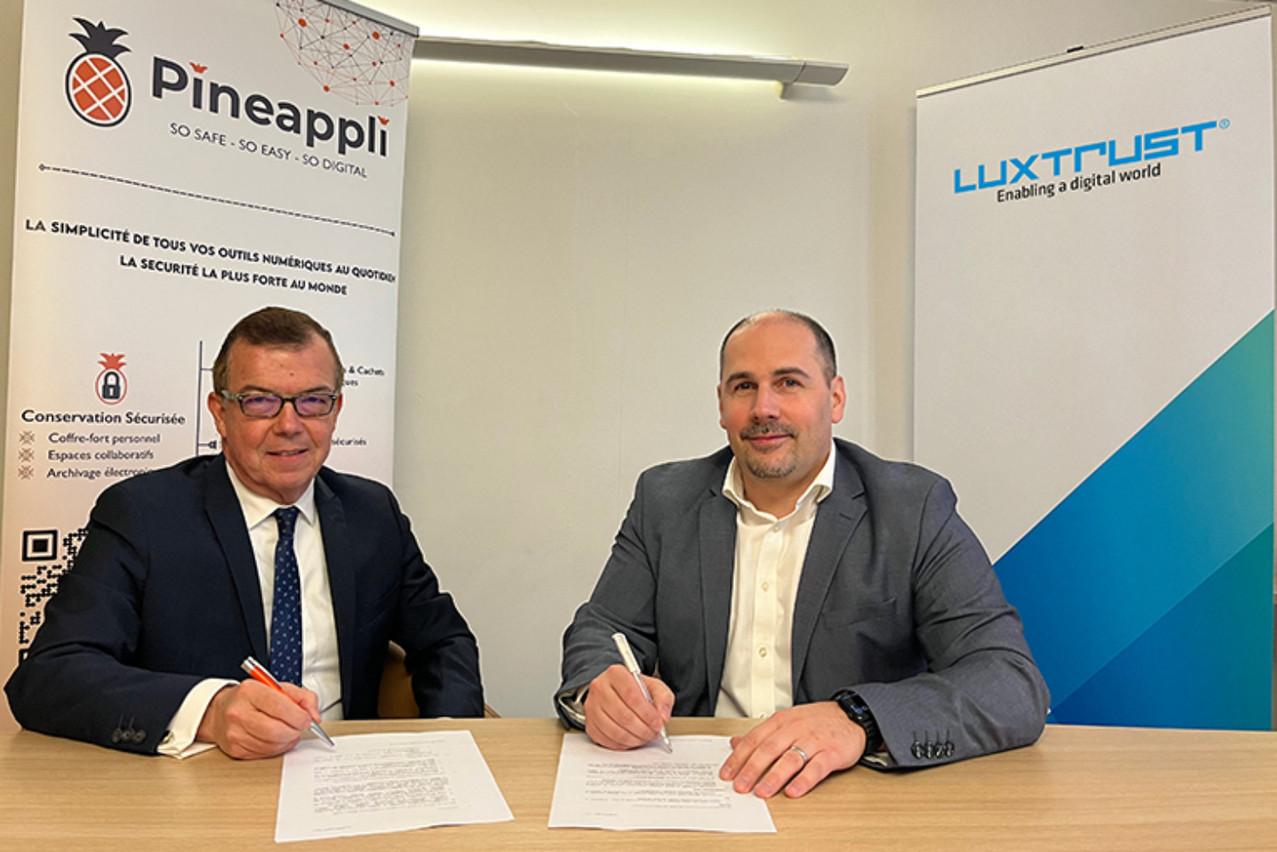 Fondateur et CEO de Pineappli, Jean-Marc Rietsch a rejoint LuxTrust et son CEO, Fabrice Aresu, pour continuer à développer le potentiel de sa solution, complémentaire à celles de la société luxembourgeoise. (Photo: LuxTrust)