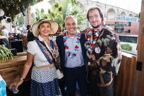 Brice Meyer (Staff Interim), on right. Brice won a 1-week all-inclusive to Mallorca from Luxair after being named “best dressed” at Delano’s 2023 summer party, 13 July 2023. Photo: Marie Russillo/Maison Moderne