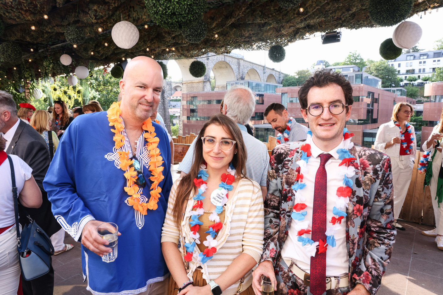 Sylvain Barrette (Delano), Angela Mantovani (Lombard International Assurances) and Guillaume Chatelain (The Duchy) seen during the Delano summer party, 13 July 2023. Photo: Marie Russillo/Maison Moderne
