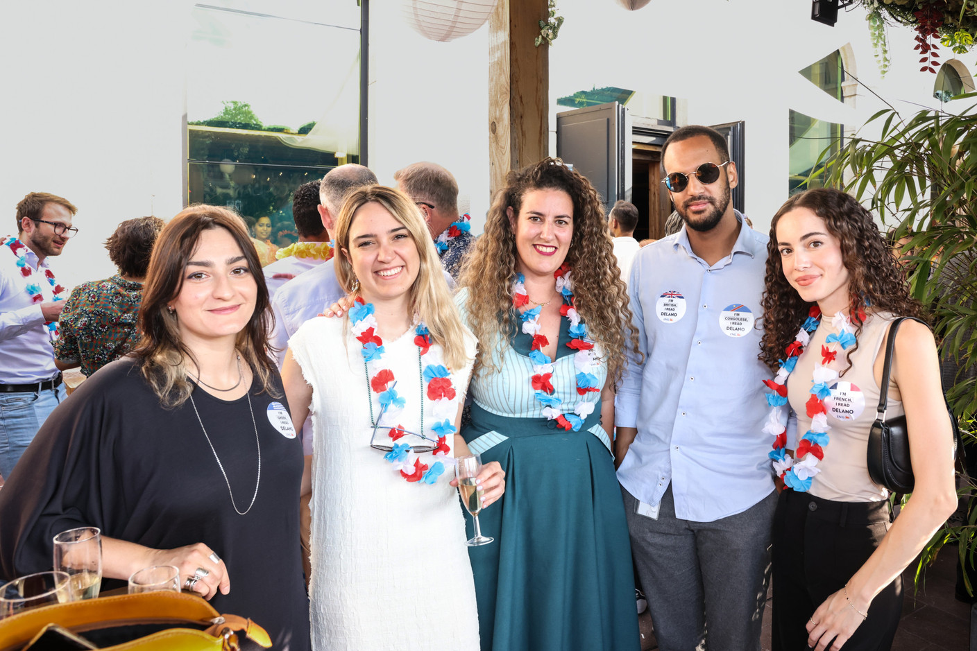 Attendees are seen during the Delano summer party, 13 July 2023. Amélie Finger (European Investment Bank), on right. Photos: Marie Russillo/Maison Moderne
