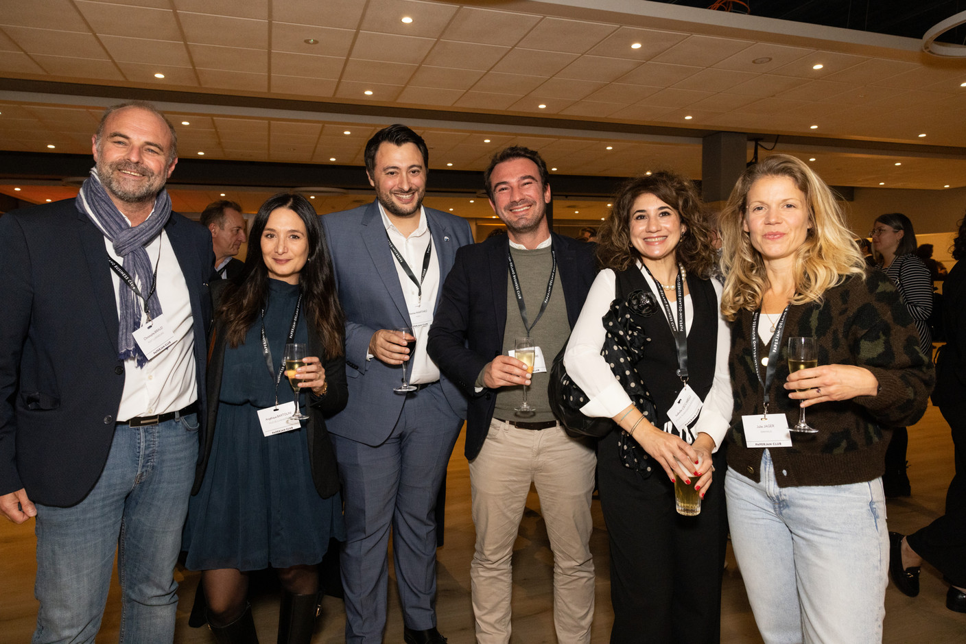 Christophe Biraud (Post Luxembourg), Angélique Bartolini (Ville de Luxembourg), Maxime Martinez (NSPA), Guillaume Couture (Menta), Isabelle Ceccarelli (Etude Alain Gross & Associés) and Julie Jager Bakhaus at the Paperjam Club’s 10x6 event on new risks and opportunities, held at Kinepolis Kirchberg, 17 October 2024. Photo: Eva Krins/Maison Moderne