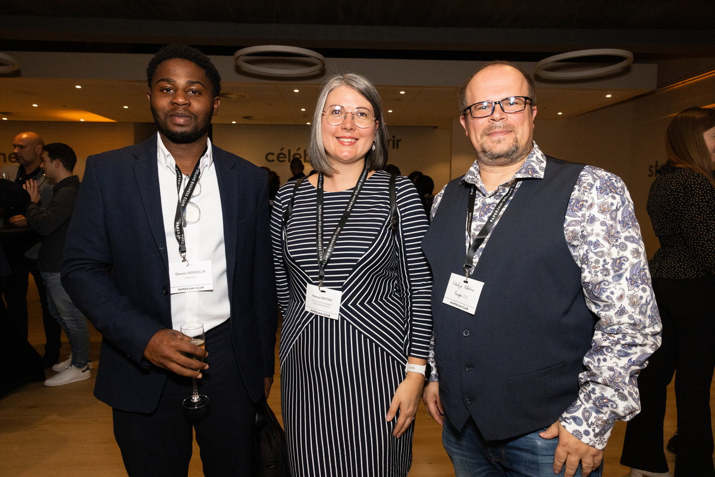 Genuino Mendes Jr (Paragon), Martyna Nikitina and Vitalijus Nikitina (Paragon CC) at the Paperjam Club’s 10x6 event on new risks and opportunities, held at Kinepolis Kirchberg, 17 October 2024. Photo: Eva Krins/Maison Moderne