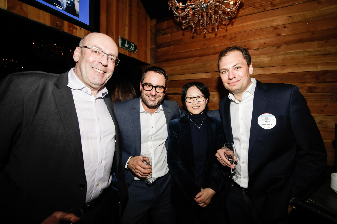 François Benoy (Green party MP and Luxembourg City council member), on right, seen at Delano’s 12th anniversary party, 23 February 2023. Photo: Marie Russillo/Maison Moderne