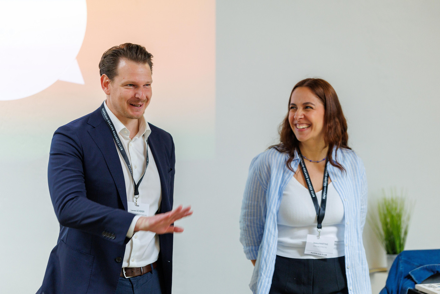 Laurent Scherer (SEI Investments Luxembourg) and Jessica Martins (DWA Architectes) at the Paperjam Club’s New Members Breakfast, which took place at The Office City on 29 April 2025. Photo: Studion Photography