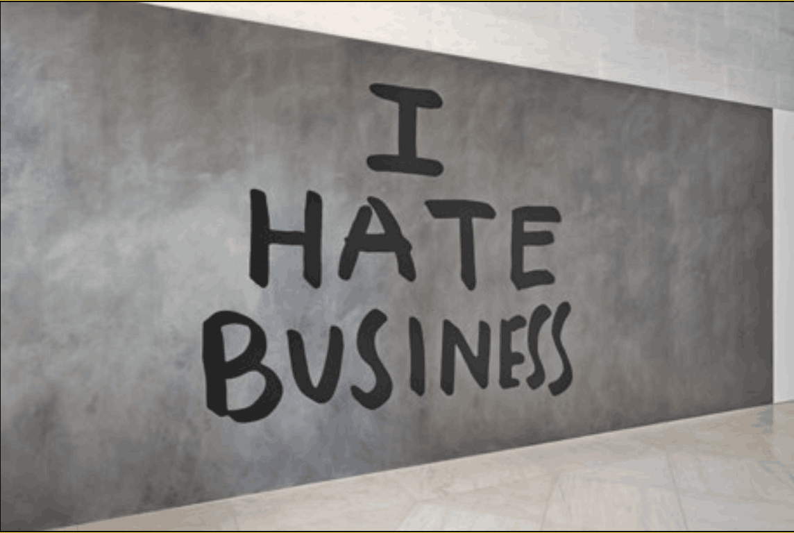 Jessica Diamond, “I Hate Business” (1989), a blunt text-based critique of consumerism and the art world’s economic systems. Presented at hqLX, a community-driven arts space in a former fire station, Luxembourg City. (Photo: Mudam)