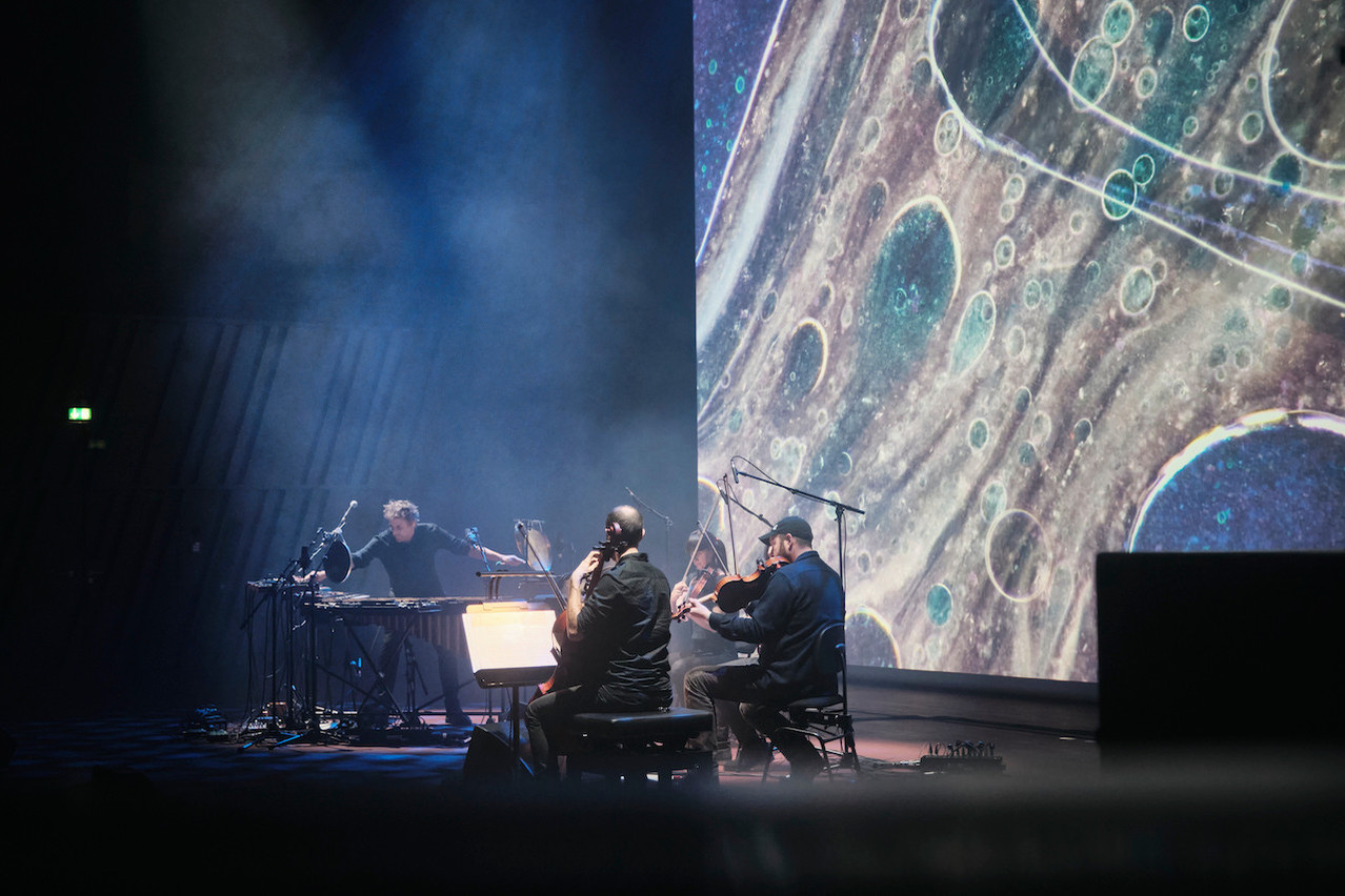 Pascal Schumacher in action with the Echo Collective string quartet and projections by Magnificent Matter at the Philharmonie on 12 November.  Eric Engel