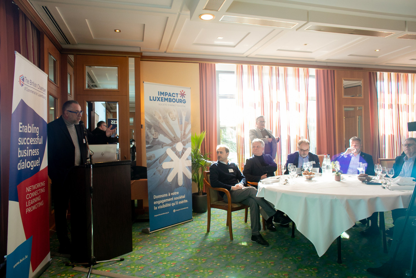 BCC Chairman Daniel Eischen gave the opening remarks at the Impact Luxembourg lunch event, hosted by the British Chamber of Commerce on 21 February 2023 at the Hotel Parc Belair. Photo: Matic Zorman / Maison Moderne