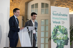 Florent Griffon, senior responsible investment specialist at Degroof Petercam Asset Management, and Aidan Geel, a doctoral researcher at the University of Liège, speak on “Understanding the Paris alignment performance dynamics of countries in the search for impact” at Luxflag Sustainable Investment Week, 22 October 2024. Photo: Eva Krins/Maison Moderne