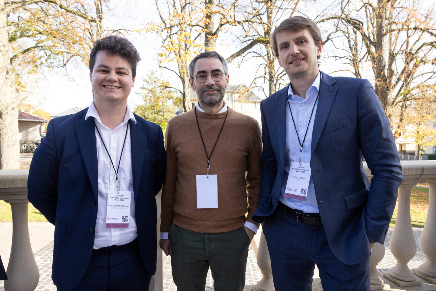 Christopher McCreanor at GCP Capital Parners, Paul Balmette at Weefin and Robin Cadière at Weefin, seen at Luxflag Sustainable Investment Week, 22 October 2024. Photo: Eva Krins/Maison Moderne