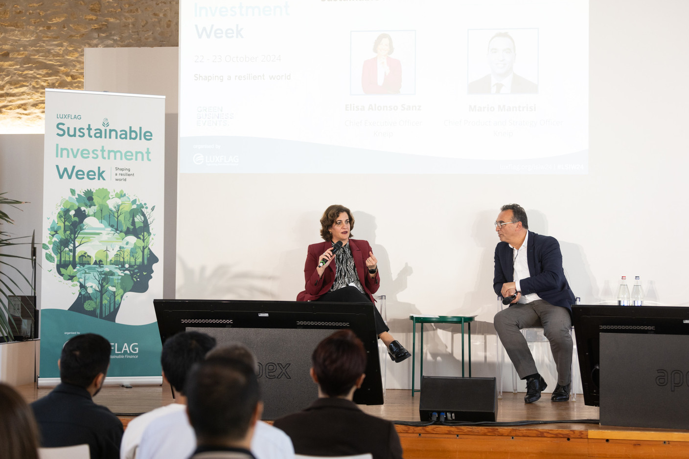 Elisa Alonso Sanz, CEO, and Mario Mantrisi, chief product and strategy officer at Kneip discuss “The challenge of data in the world of sustainable finance during Luxflag Sustainable Investment Week, 22 October 2024. Photo: Eva Krins/Maison Moderne