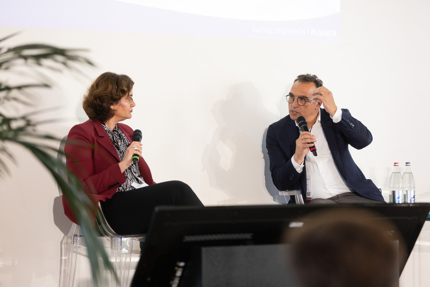 Elisa Alonso Sanz, CEO, and Mario Mantrisi, chief product and strategy officer at Kneip discuss “The challenge of data in the world of sustainable finance during Luxflag Sustainable Investment Week, 22 October 2024. Photo: Eva Krins/Maison Moderne