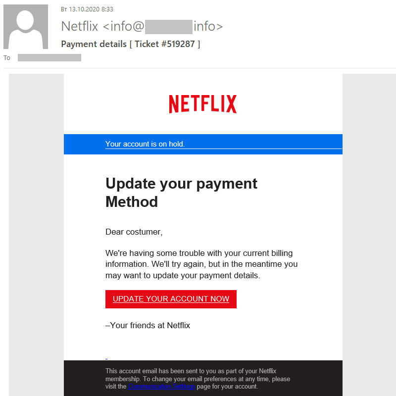 «Your friends at Netflix» n’envoient jamais ce genre d’e-mail. (Photo: Kaspersky)