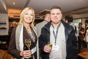 Klaudia Majerus (Home-IN) and Yann Englebert (G-SYS Solutions) at the carrousel lunch organised by the Paperjam+Delano Business Club on Friday 1 December 2023 at the Bivius restaurant. Photo: Marie Russillo / Maison Moderne