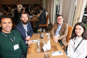 Benjamin De Seille (Bizlab), Alexandre Lemaire (Buro Partner Luxembourg), Wladimir De Kéchilava (Yours Business & Family Advisory) and Mélissa Duarte (NTT Data) at the carrousel lunch organised by the Paperjam+Delano Business Club on Friday 1 December 2023 at the Bivius restaurant. Photo: Marie Russillo / Maison Moderne