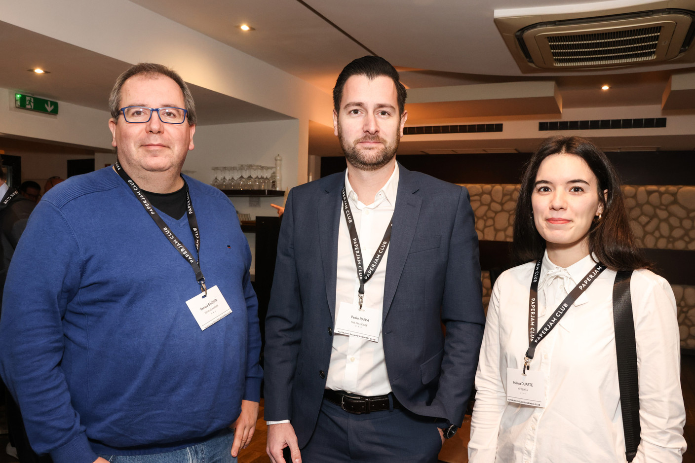 Renaud Barbier (Renaud Barbier), Pedro Paiva (The PM House) and Mélissa Duarte (NTT Data) at the carrousel lunch organised by the Paperjam+Delano Business Club on Friday 1 December 2023 at the Bivius restaurant. Photo: Marie Russillo / Maison Moderne