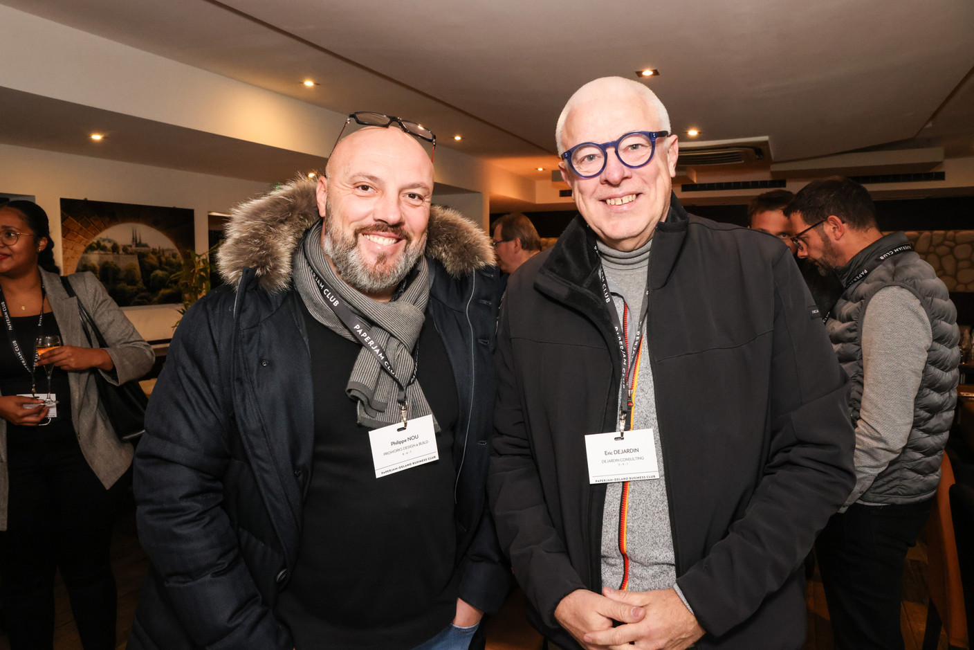 Philippe Nou (Proworks Design&Build) and Eric Dejardin (Dejardin Consulting) at the carrousel lunch organised by the Paperjam+Delano Business Club on Friday 1 December 2023 at the Bivius restaurant. Photo: Marie Russillo / Maison Moderne
