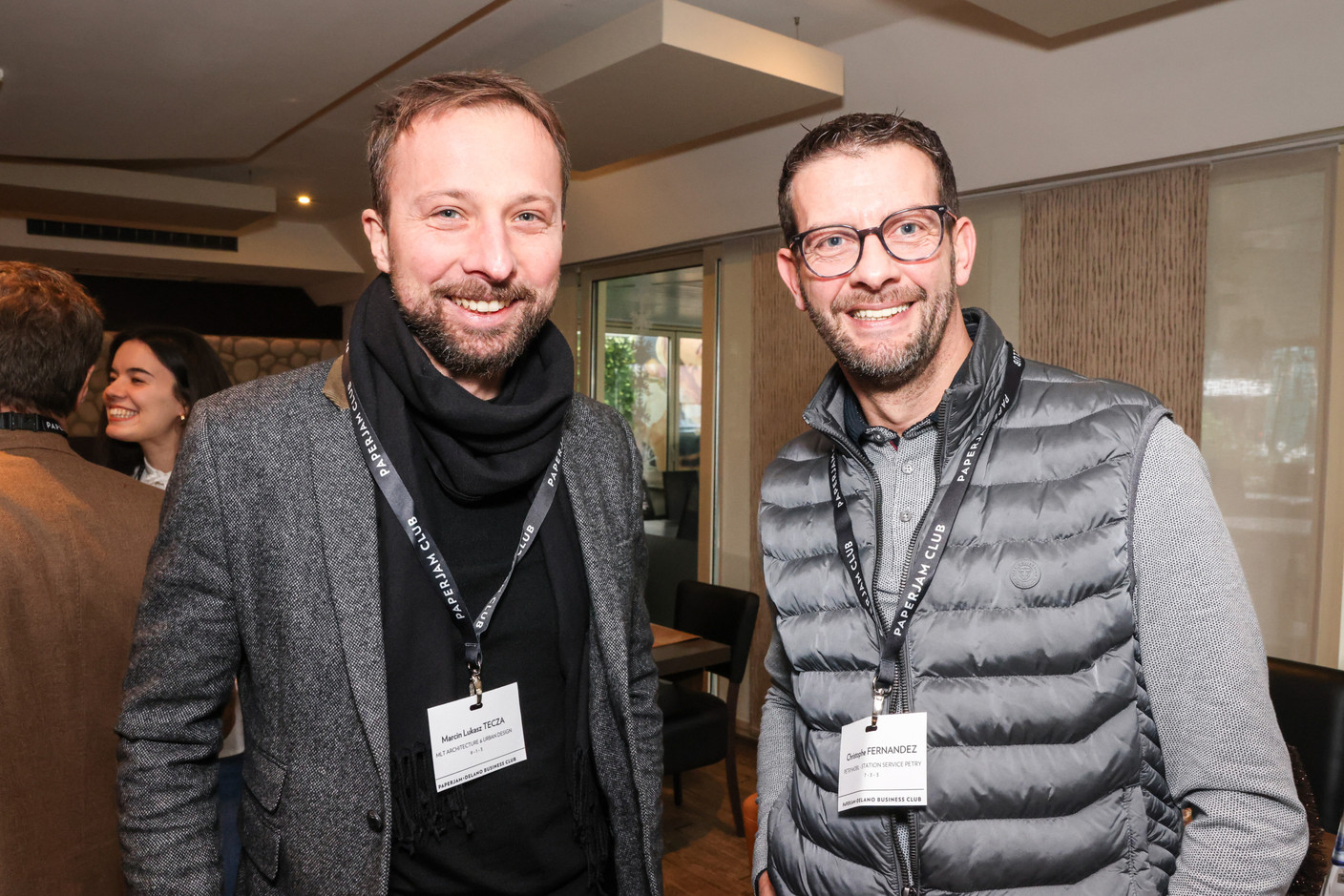 Marcin Lukasz Tecza (MLT Architecture & Urban Design) and Christophe Fernandez (Petrymobile) at the carrousel lunch organised by the Paperjam+Delano Business Club on Friday 1 December 2023 at the Bivius restaurant. Photo: Marie Russillo / Maison Moderne