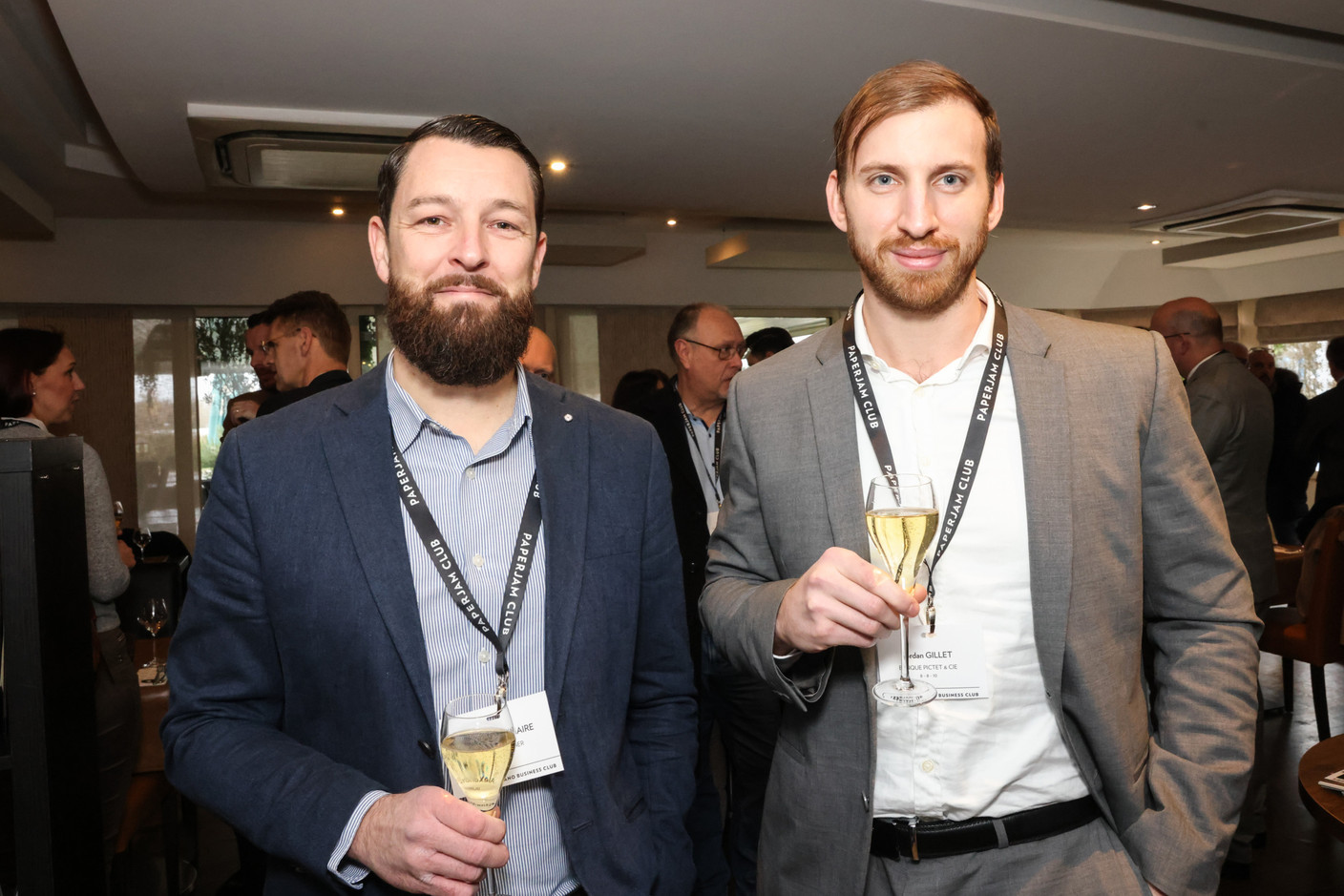 Alexandre Lemaire (Buro Partner Luxembourg) and Jordan Gillet (Pictet & Cie) at the carrousel lunch organised by the Paperjam+Delano Business Club on Friday 1 December 2023 at the Bivius restaurant. Photo: Marie Russillo / Maison Moderne