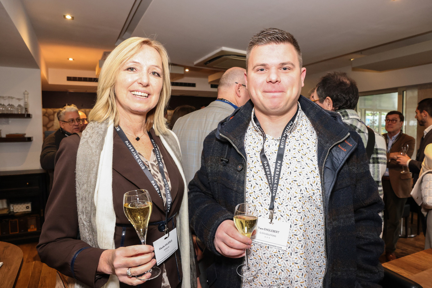 Klaudia Majerus (Home-IN) and Yann Englebert (G-SYS Solutions) at the carrousel lunch organised by the Paperjam+Delano Business Club on Friday 1 December 2023 at the Bivius restaurant. Photo: Marie Russillo / Maison Moderne