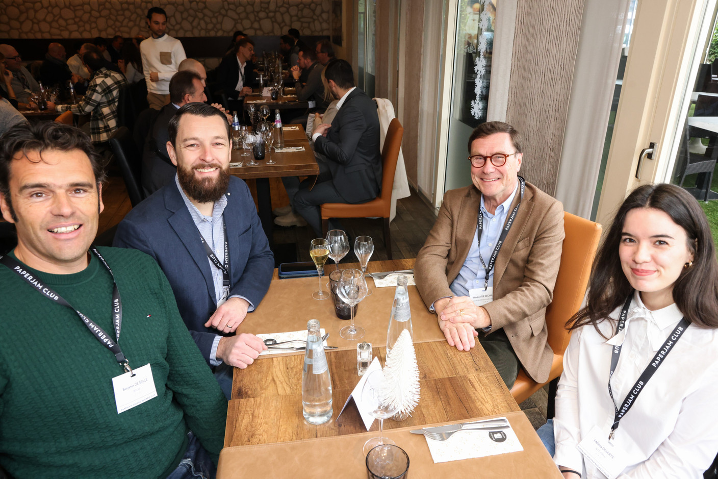 Benjamin De Seille (Bizlab), Alexandre Lemaire (Buro Partner Luxembourg), Wladimir De Kéchilava (Yours Business & Family Advisory) and Mélissa Duarte (NTT Data) at the carrousel lunch organised by the Paperjam+Delano Business Club on Friday 1 December 2023 at the Bivius restaurant. Photo: Marie Russillo / Maison Moderne